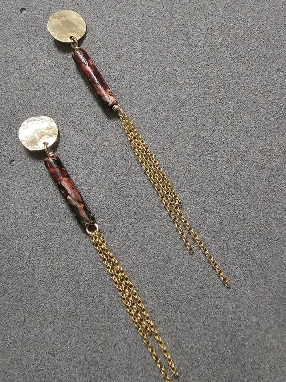 Gold Tassel Drop Earrings with Brown Marbled Bead